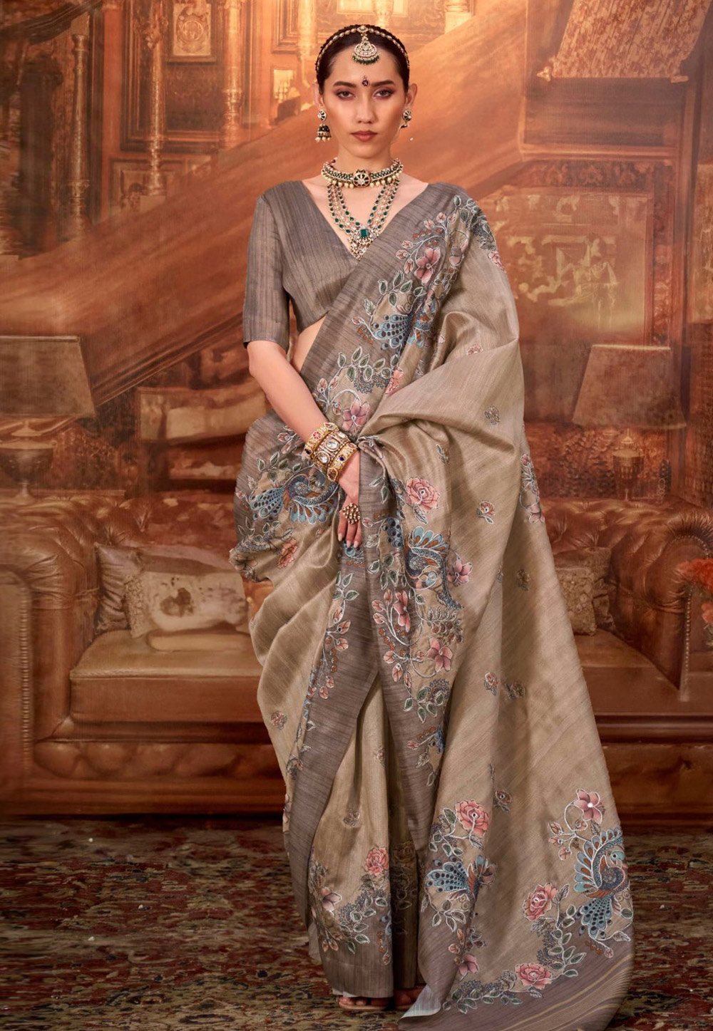 Beige Tussar Silk Saree With Blouse 322137