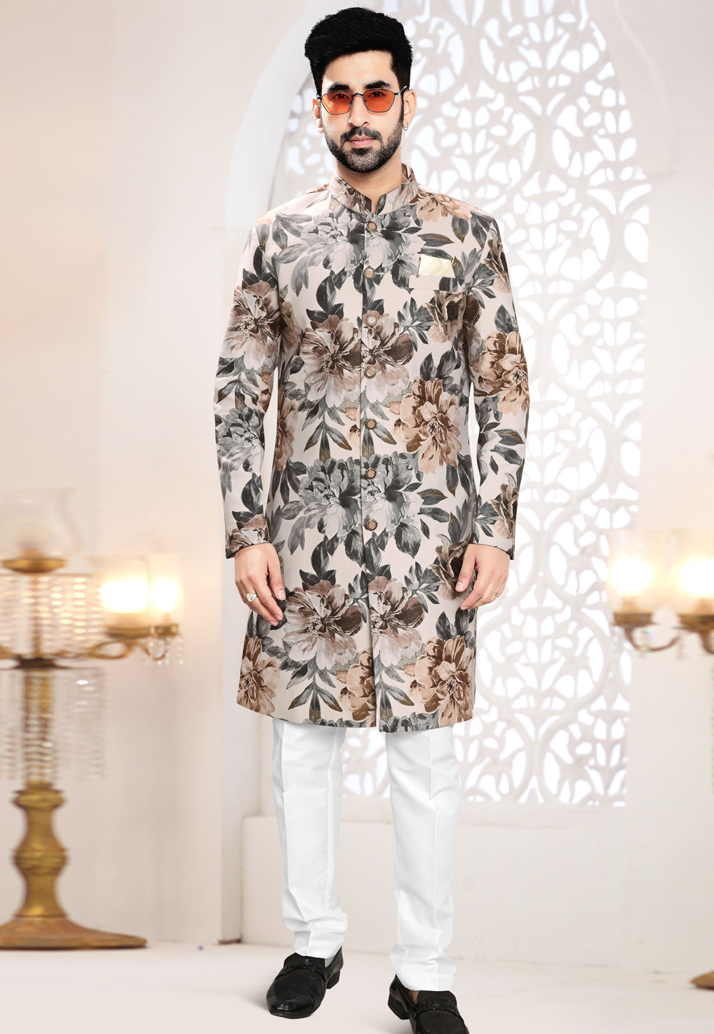 Beige Velvet Indo Western Suit 306444