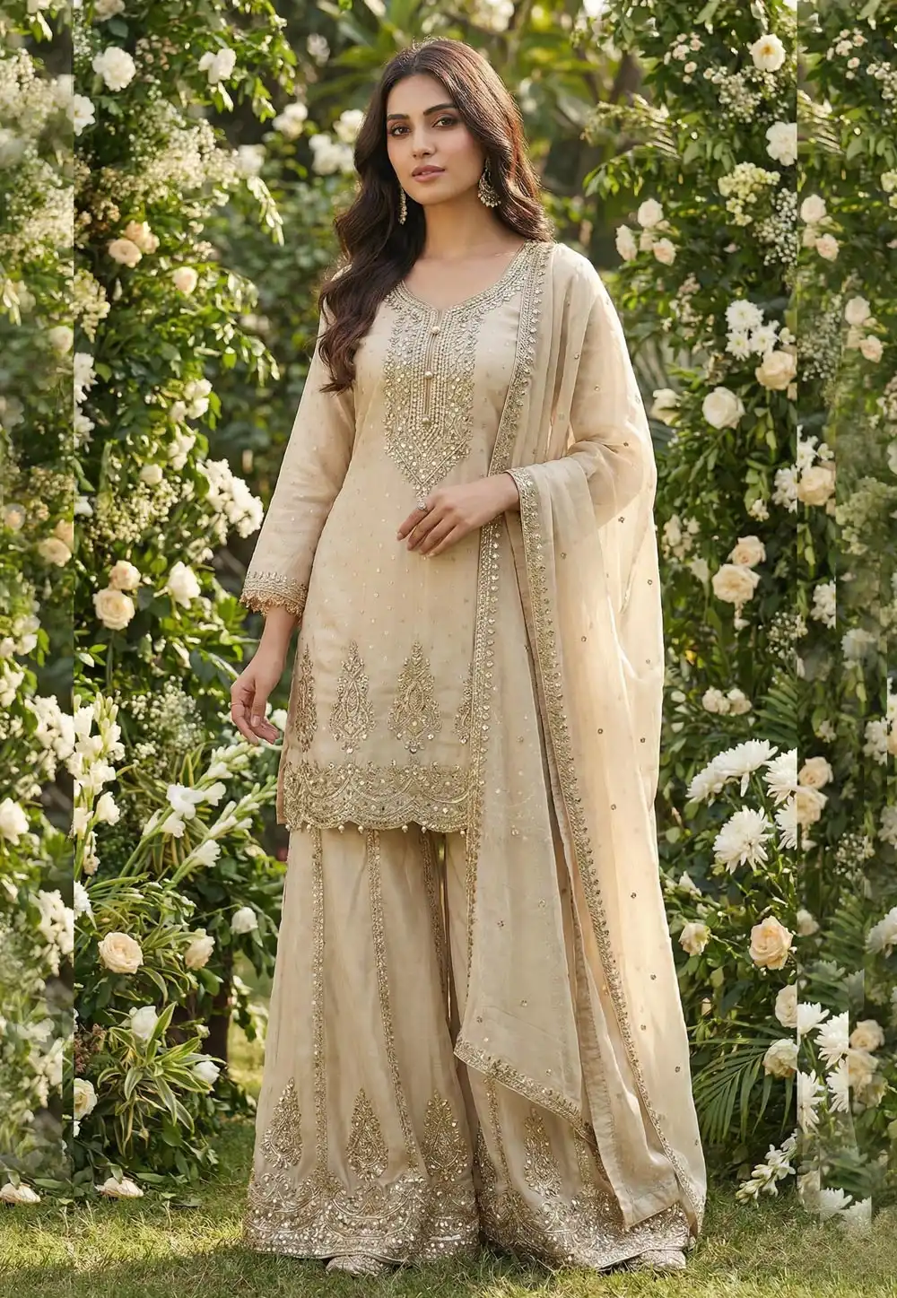 Beige Viscose Jacquard Palazzo Suit 321434