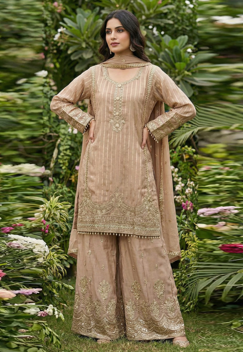 Beige Viscose Jacquard Palazzo Suit 321432