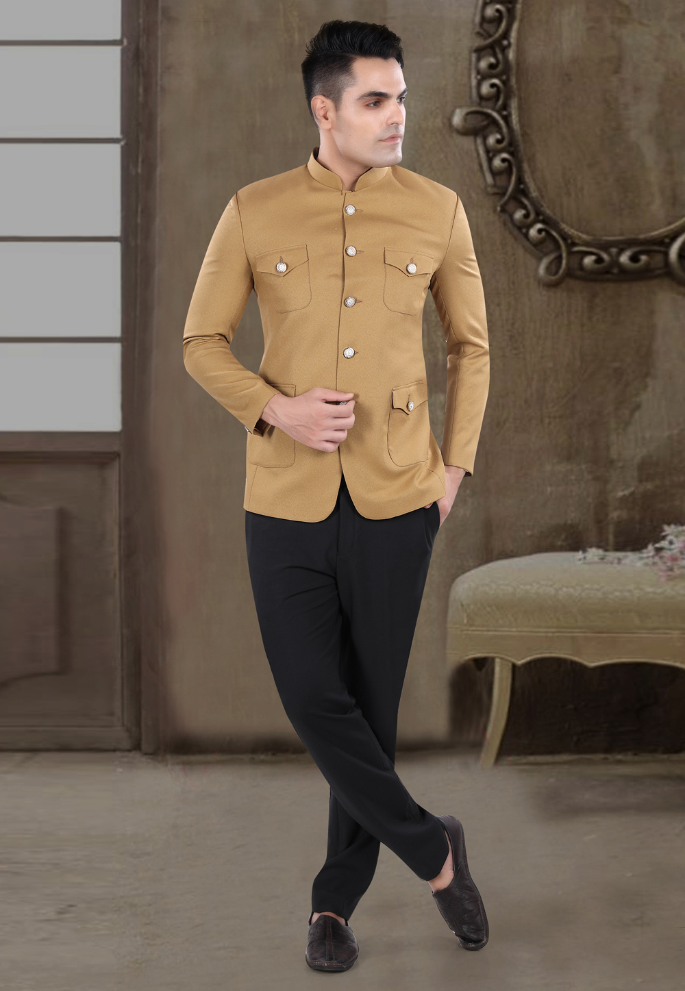 Beige Viscose Jodhpuri Suit 306395