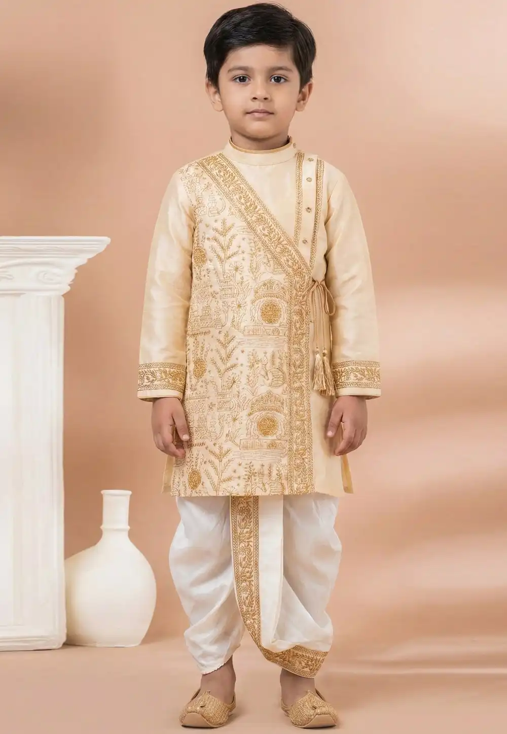 Beige Viscose Kids Dhoti Kurta 321959