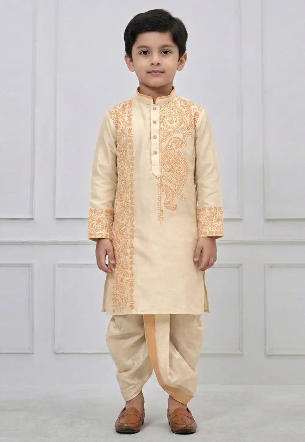 Beige Viscose Kids Dhoti Kurta 323708