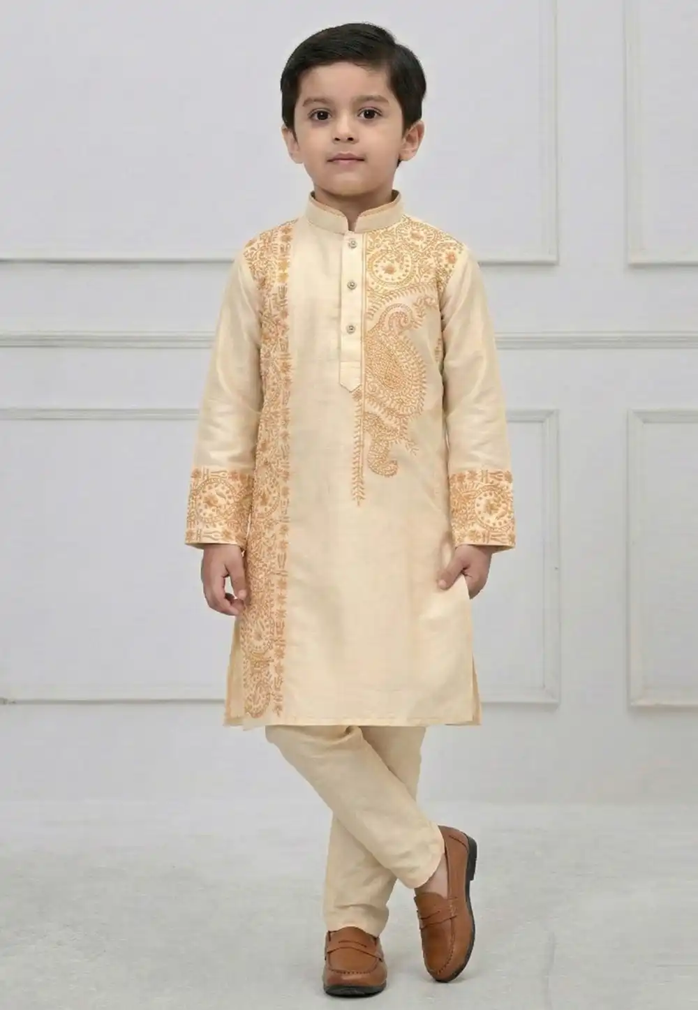Beige Viscose Kids Kurta Pajama 323703