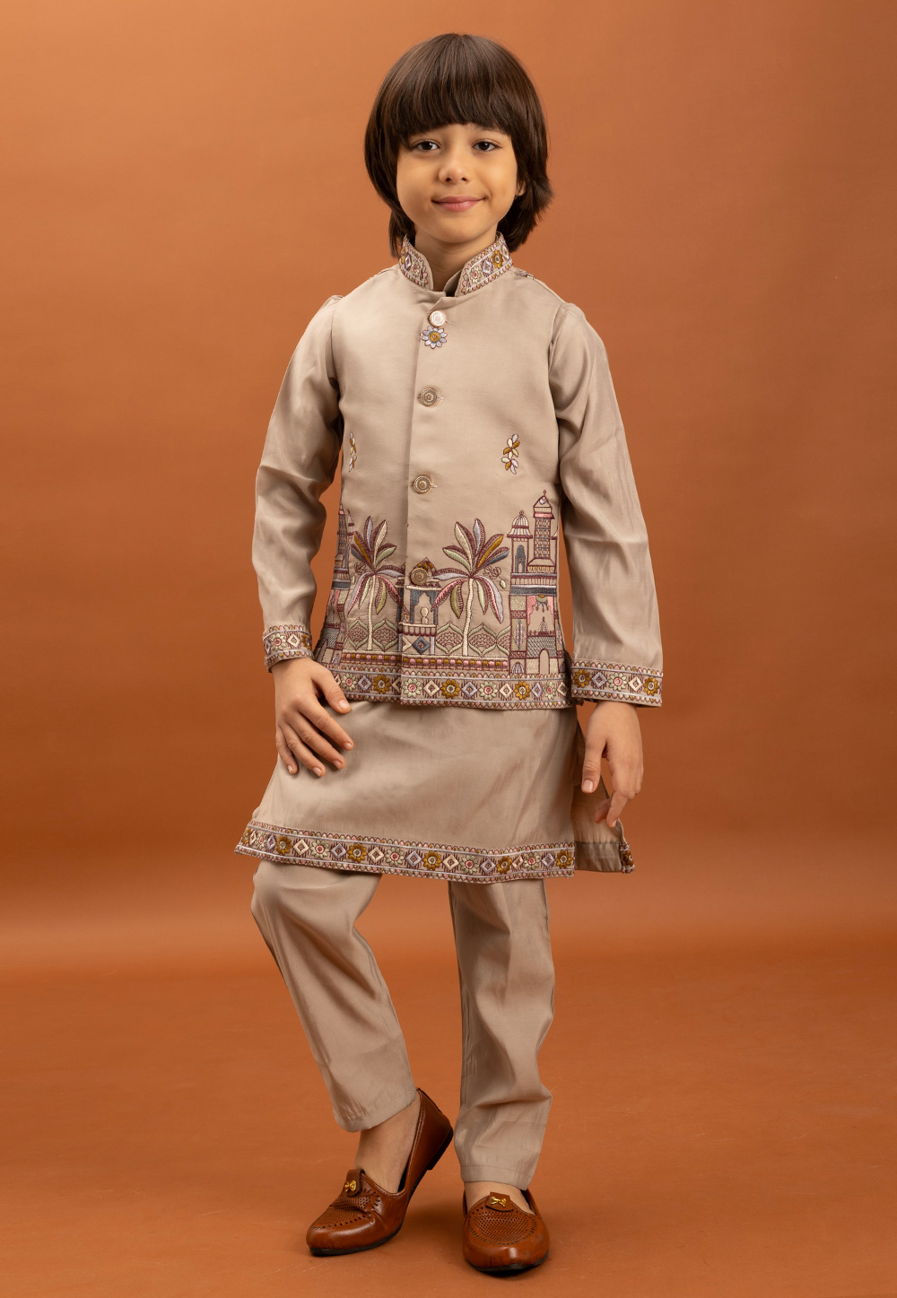 Beige Viscose Kids Kurta Pajama With Jacket 316414