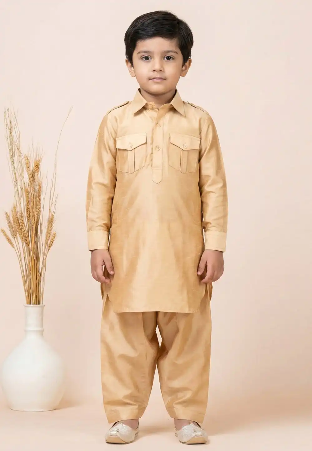Beige Viscose Kids Pathani Suit 322086