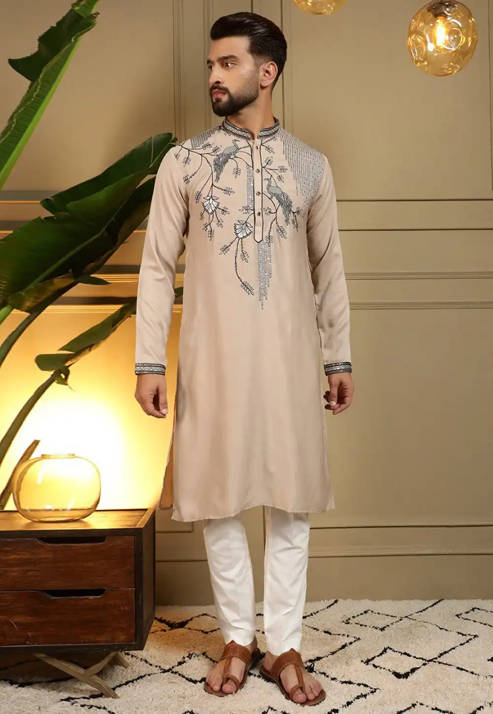 Beige Viscose Kurta Pajama 325862