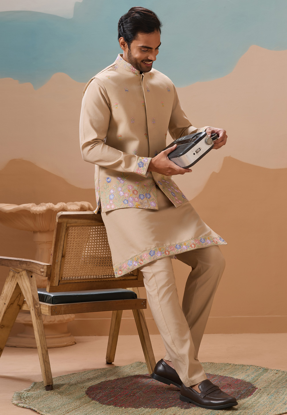Beige Viscose Kurta Pajama With Jacket 318312