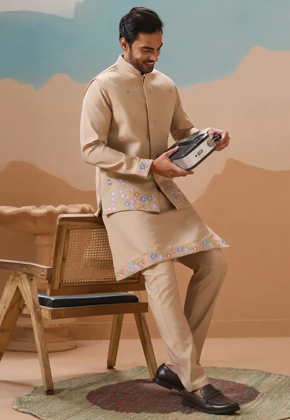 Beige Viscose Kurta Pajama With Jacket 318312