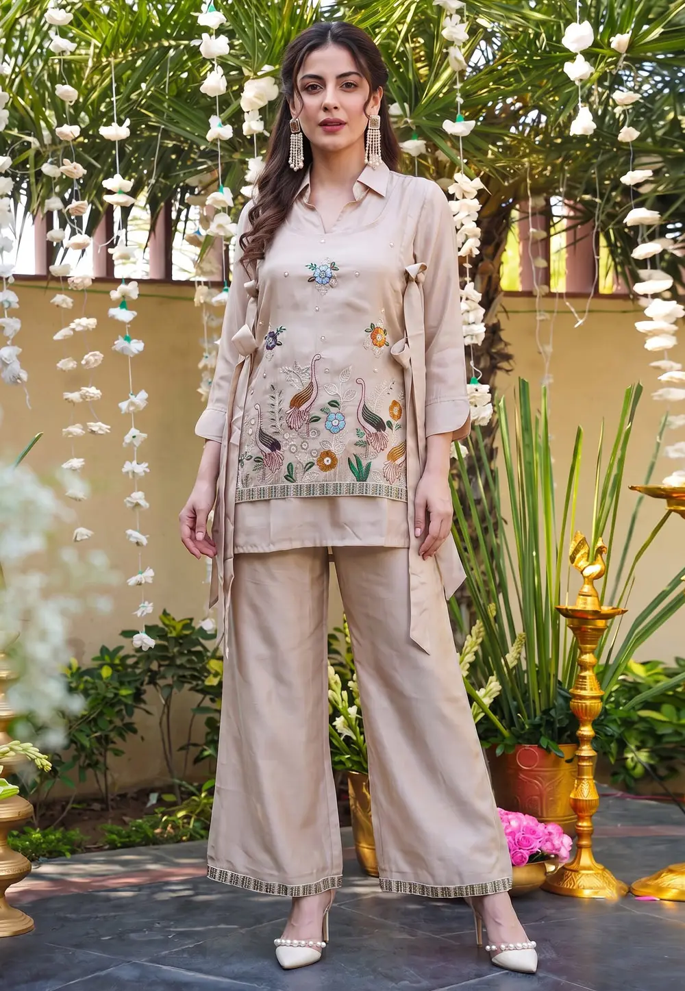Beige Viscose Kurta Set With Palazzo 333774