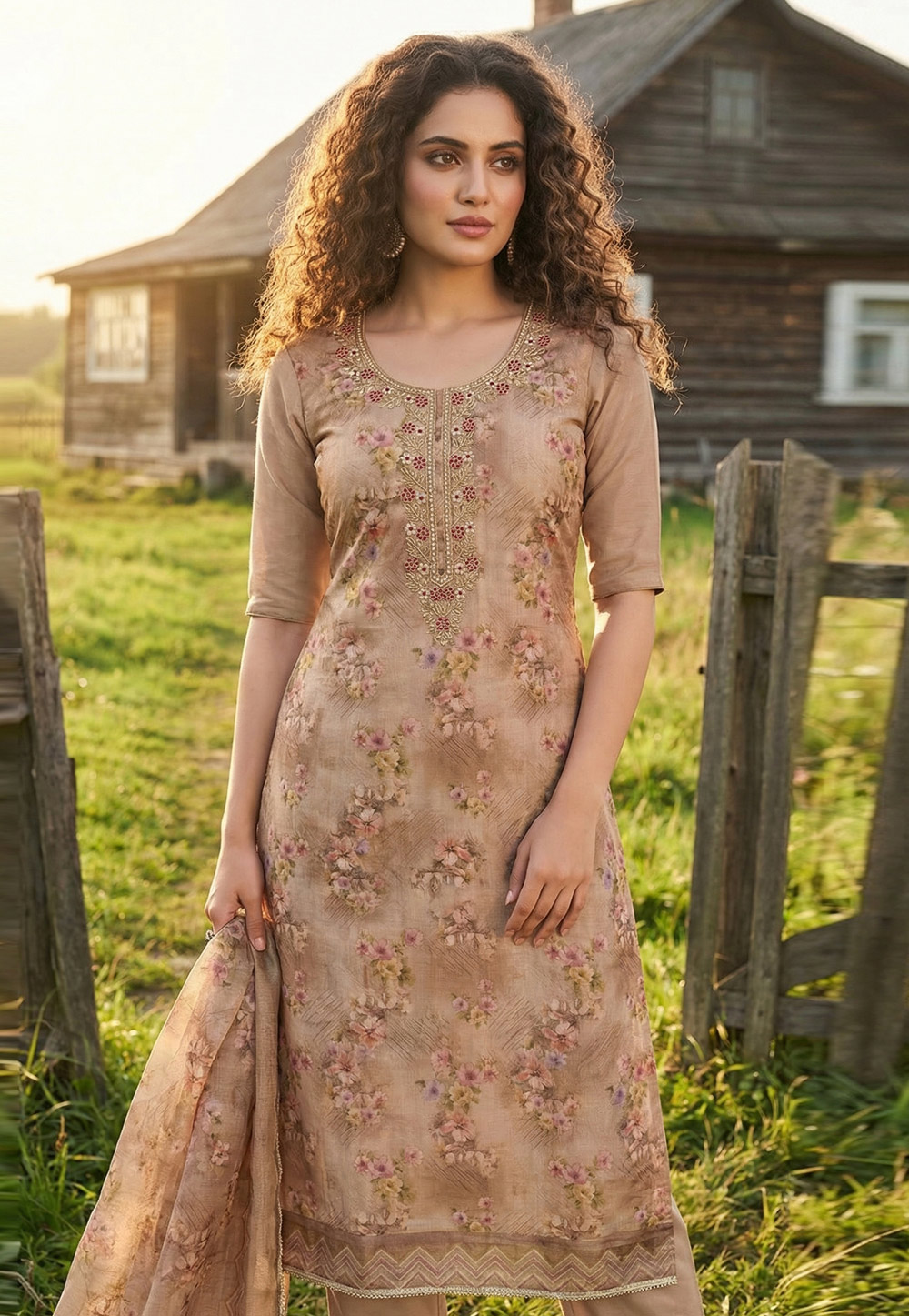 Beige Viscose Pakistani Suit 326473