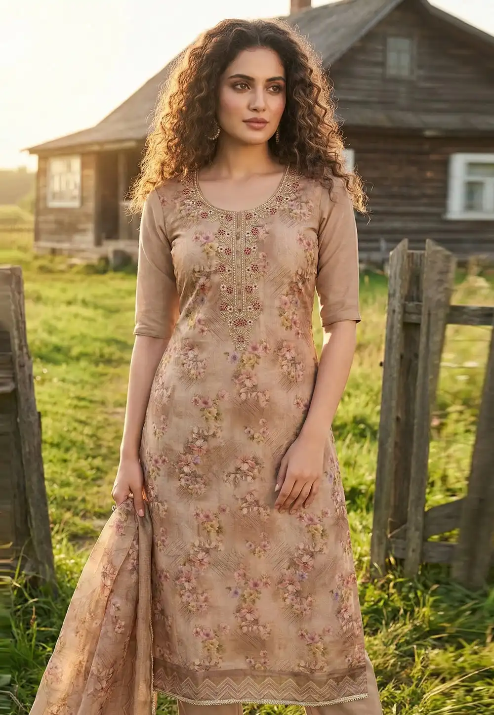 Beige Viscose Pakistani Suit 326473
