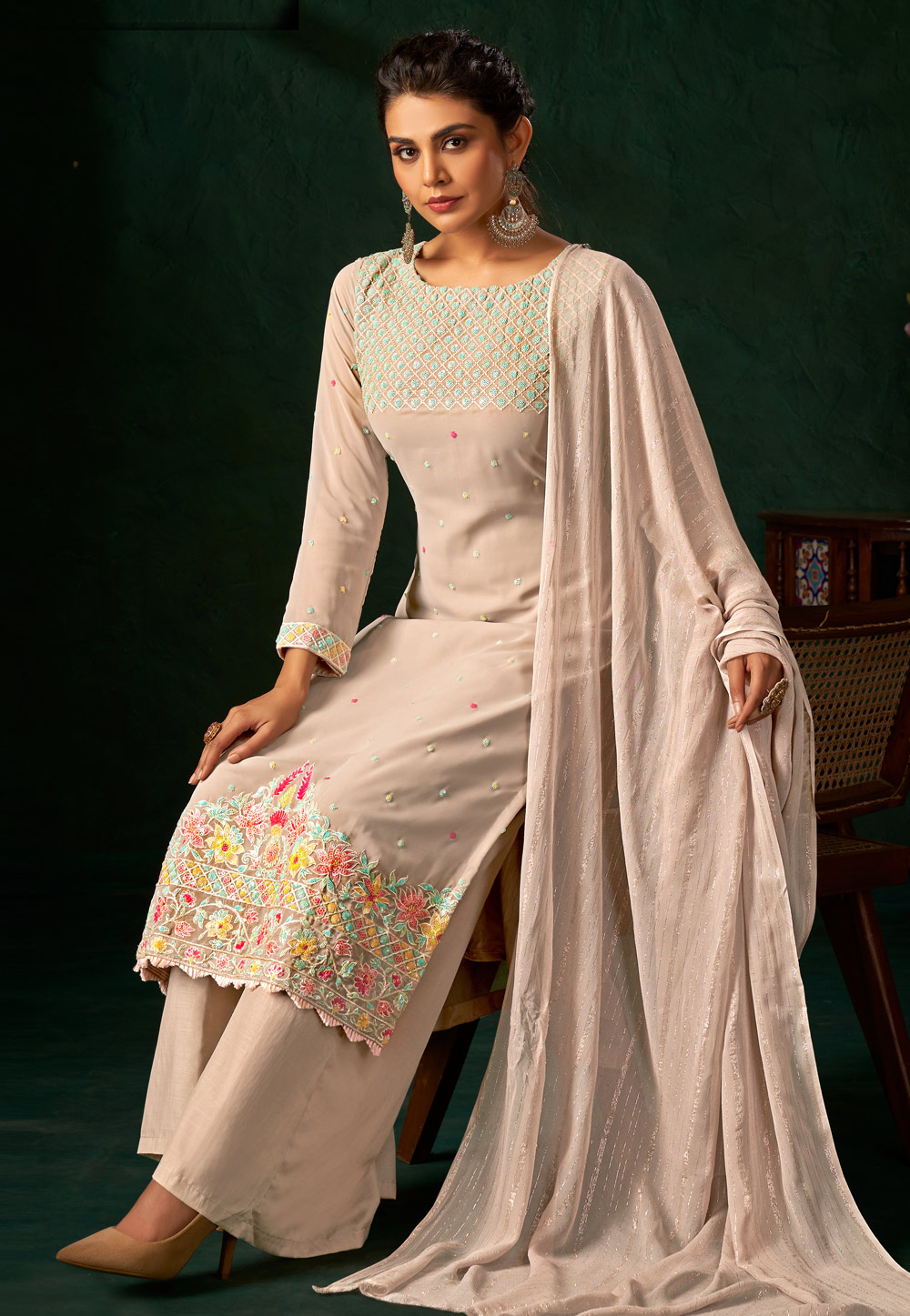 Beige Viscose Palazzo Suit 310514