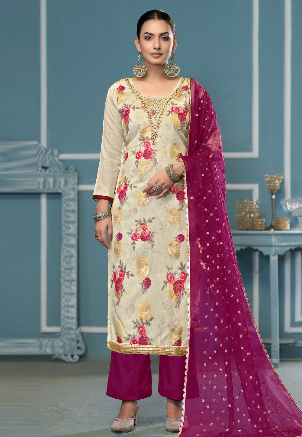 Beige Viscose Palazzo Suit 307414