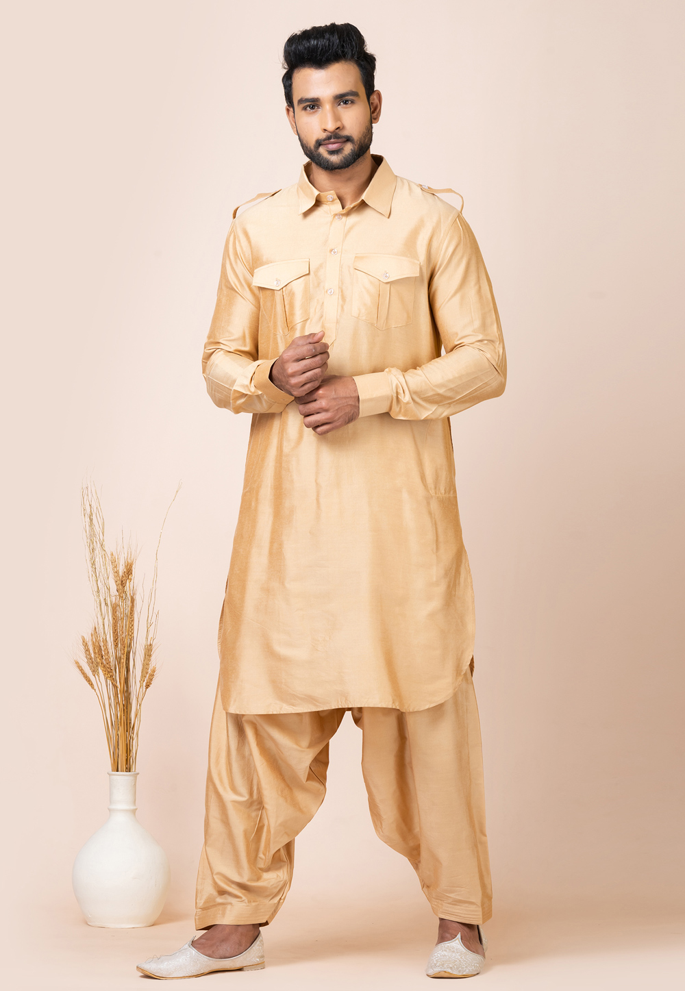 Beige Viscose Pathani Suit 286239