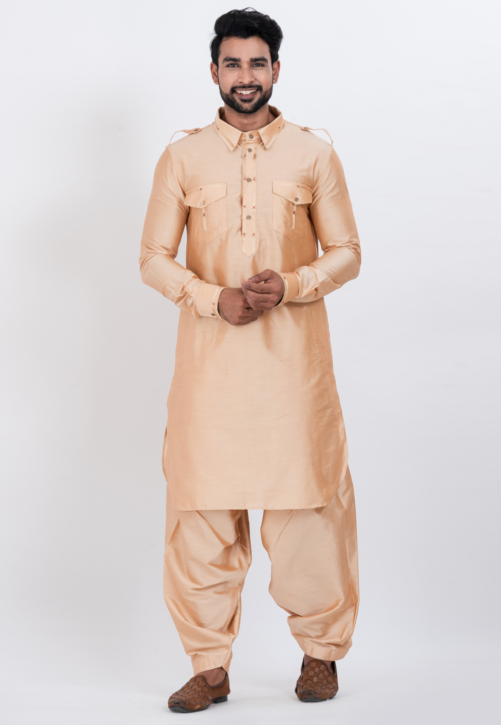 Beige Viscose Pathani Suit 306741
