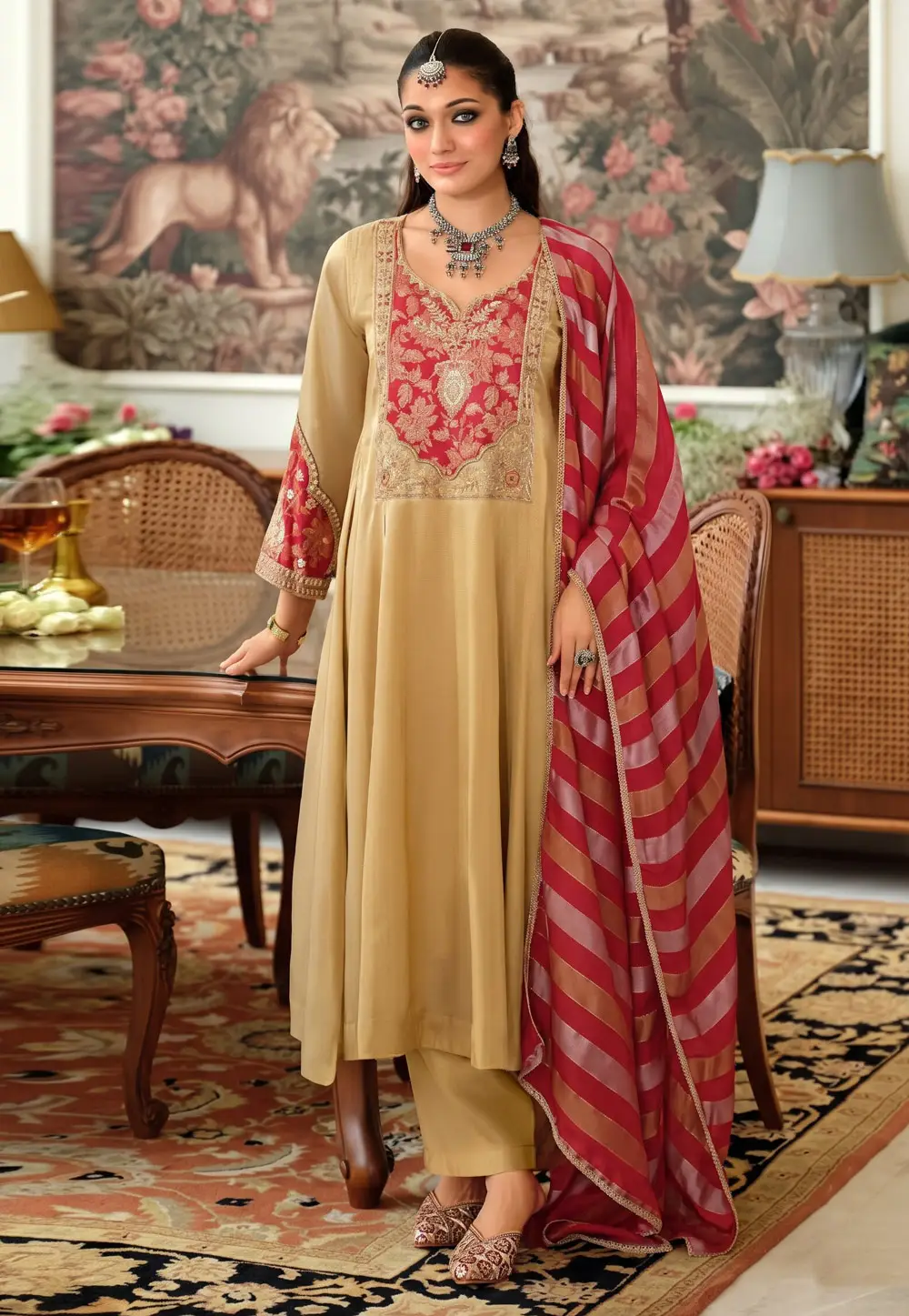 Beige Viscose Readymade Anarkali Suit 336654