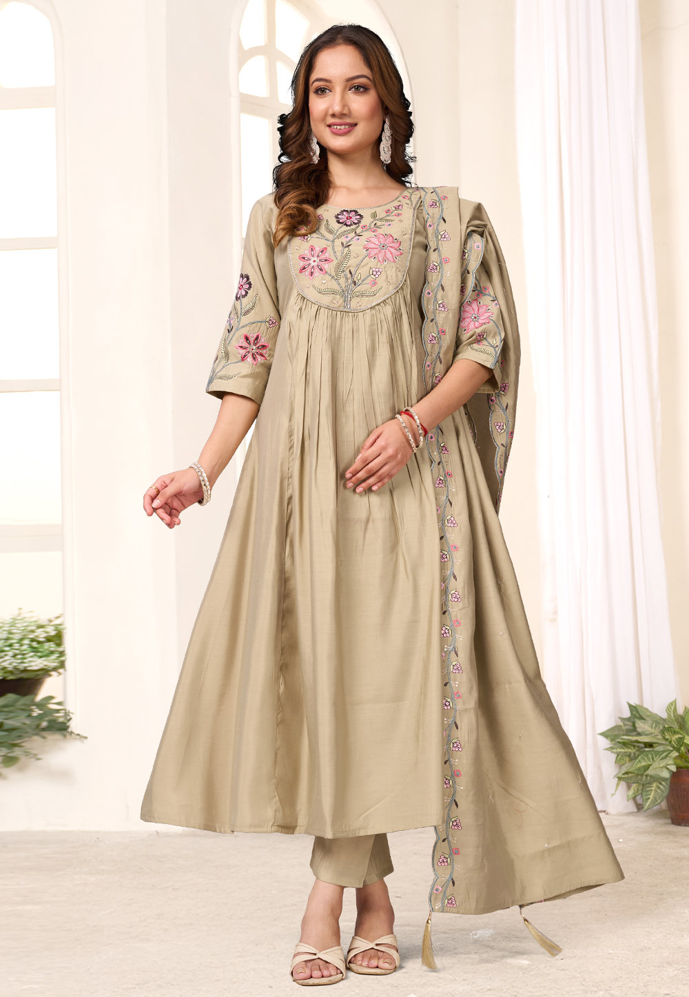 Beige Viscose Readymade Anarkali Suit 321419