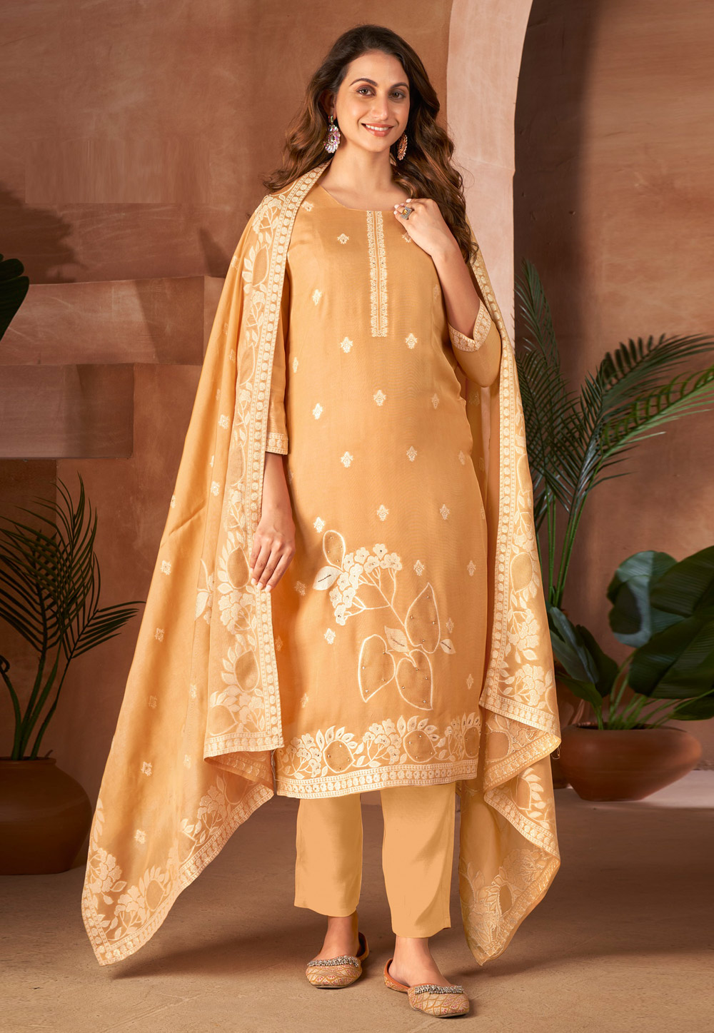 Beige Viscose Readymade Pakistani Suit 281887