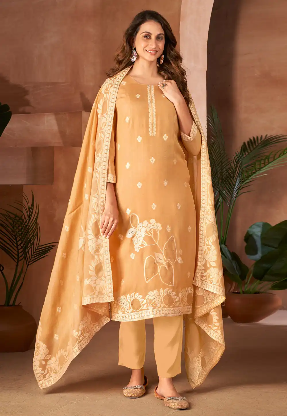 Beige Viscose Readymade Pakistani Suit 281887