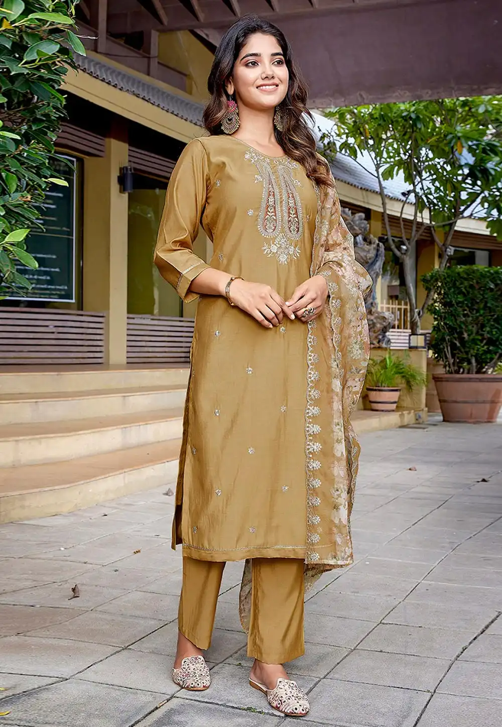 Beige Viscose Readymade Pant Style Suit 324835