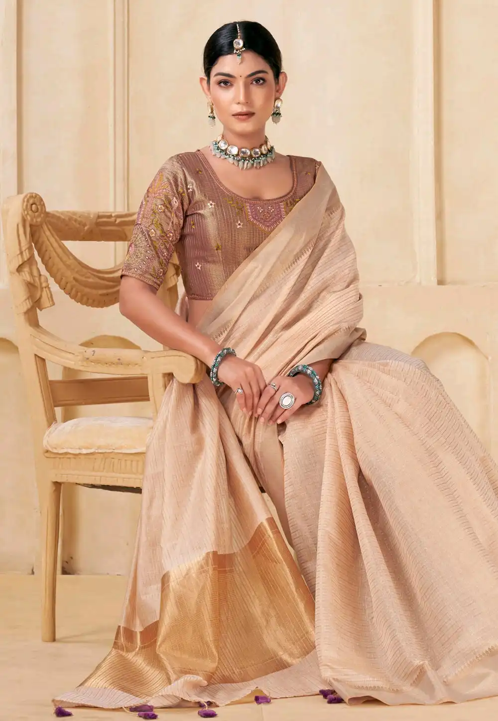 Beige Viscose Saree With Blouse 313204