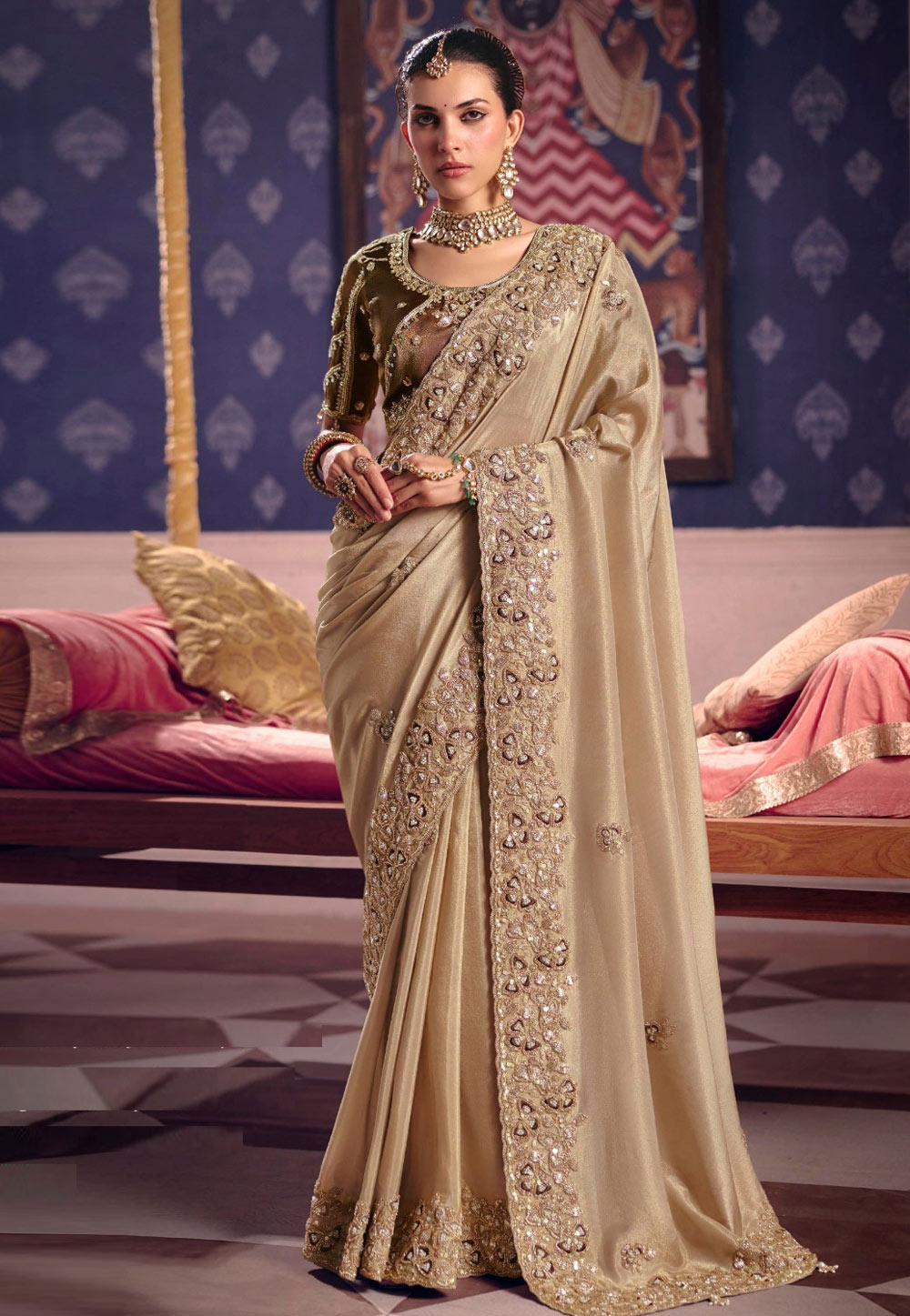Beige Viscose Saree With Blouse 326880