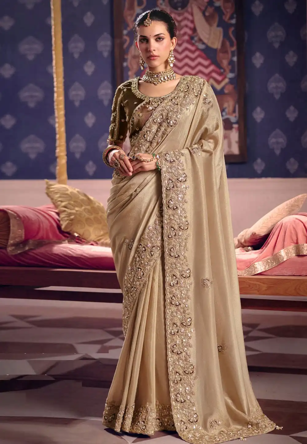 Beige Viscose Saree With Blouse 326880