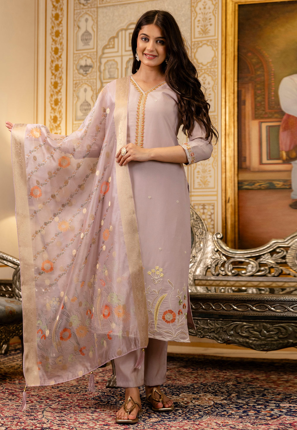 Beige Viscose Shimmer Readymade Pakistani Suit 319897