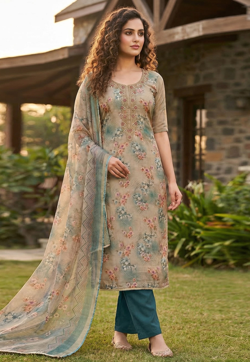 Beige Viscose Straight Suit 326471