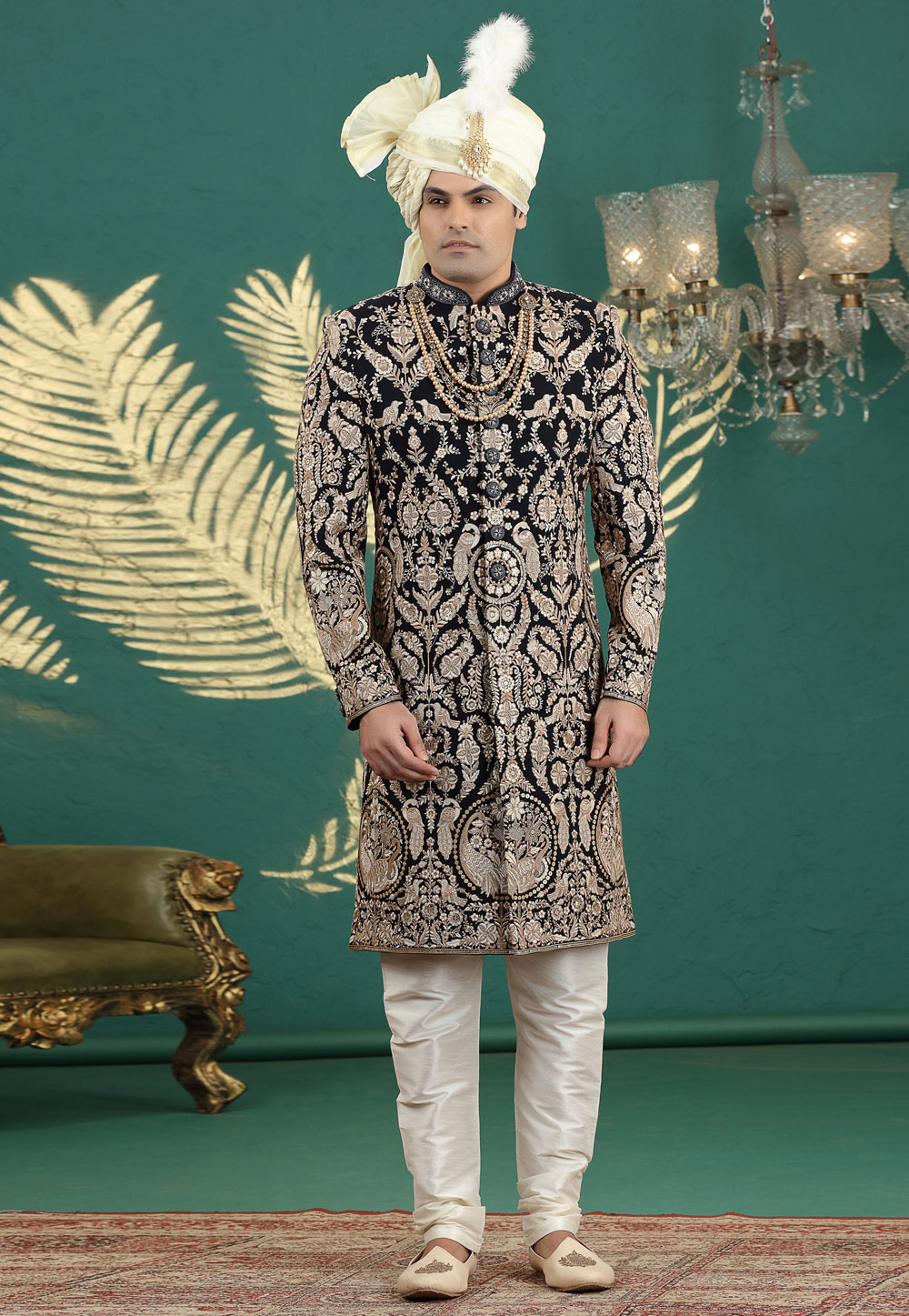 Black Art Silk Achkan Style Sherwani 319000