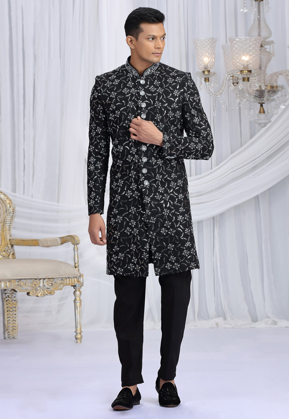 Black Art Silk Achkan Style Sherwani 319039