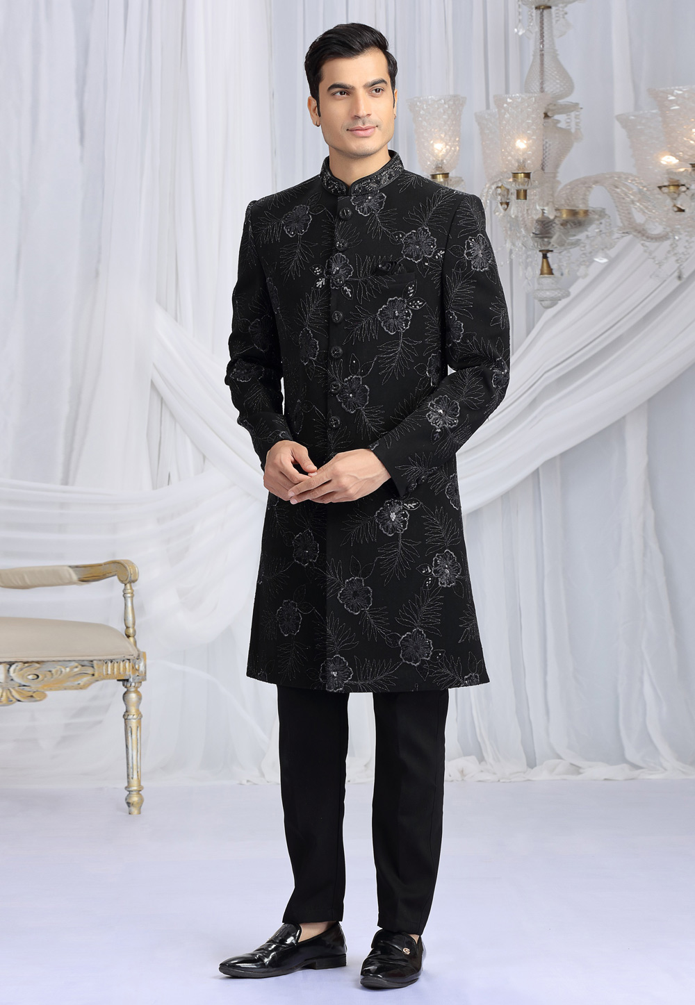 Black Art Silk Achkan Style Sherwani 319041