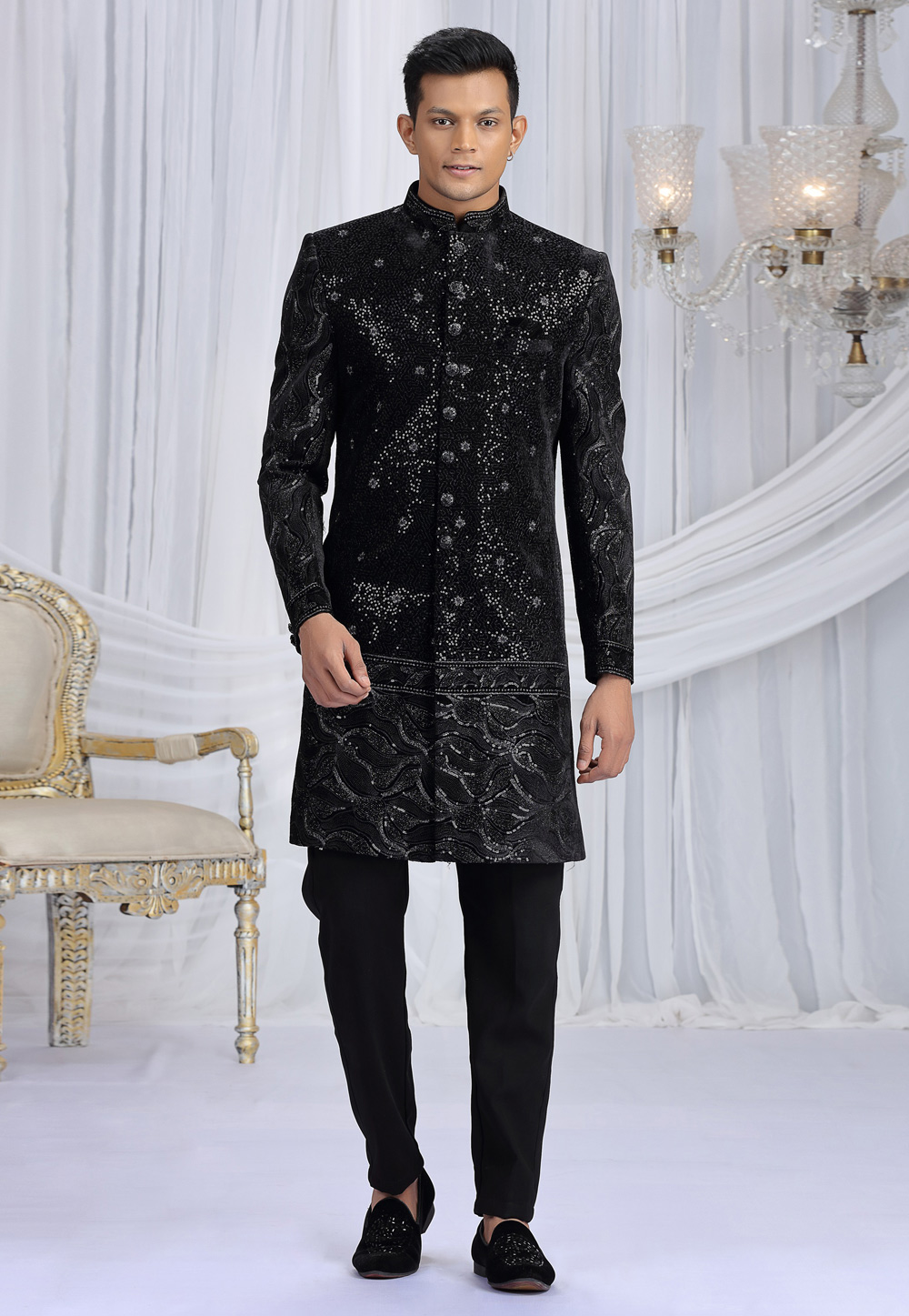 Black Art Silk Achkan Style Sherwani 319042