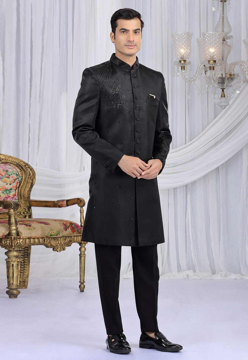 Black Art Silk Achkan Style Sherwani 319057