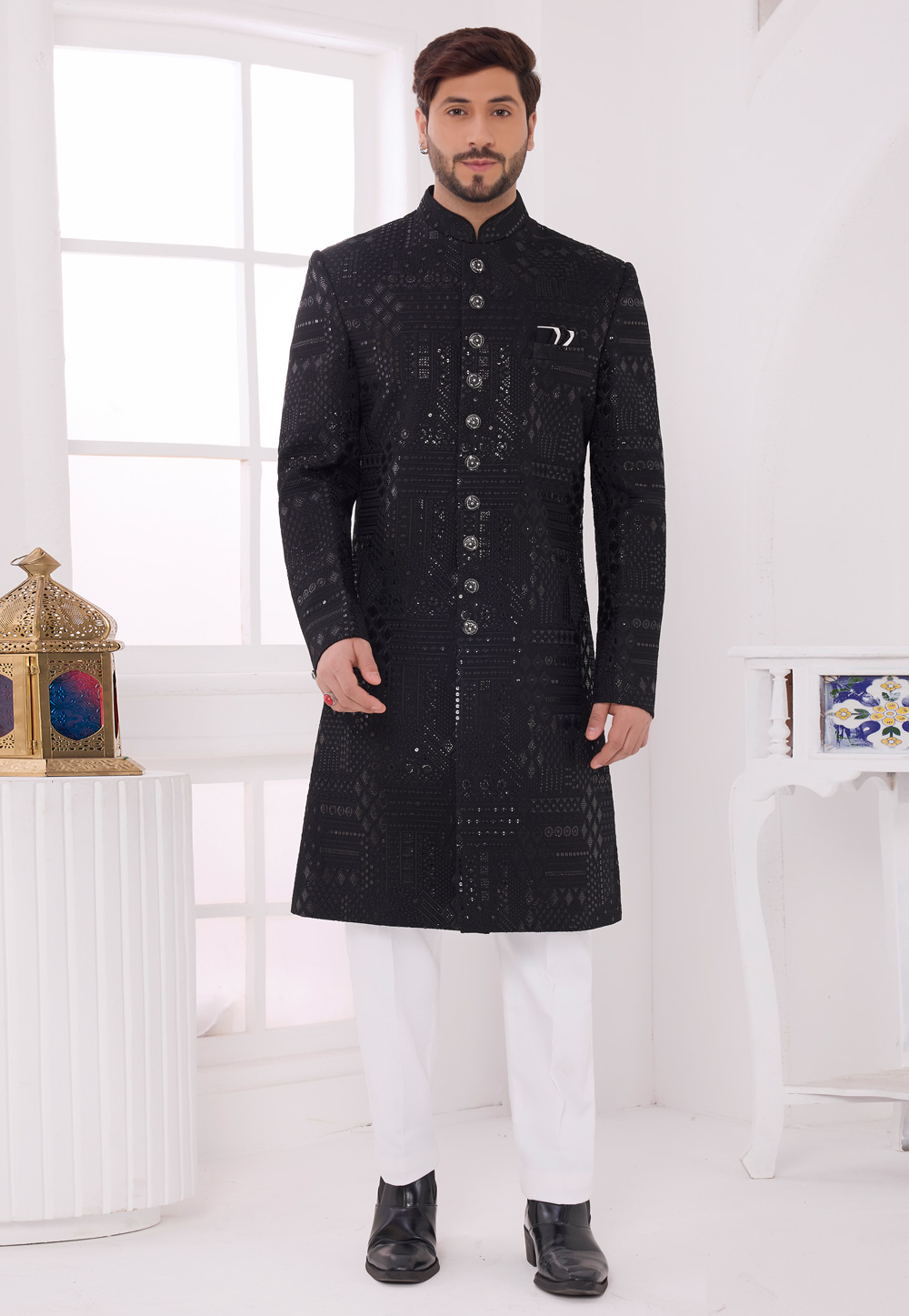Black Art Silk Achkan Style Sherwani 327060
