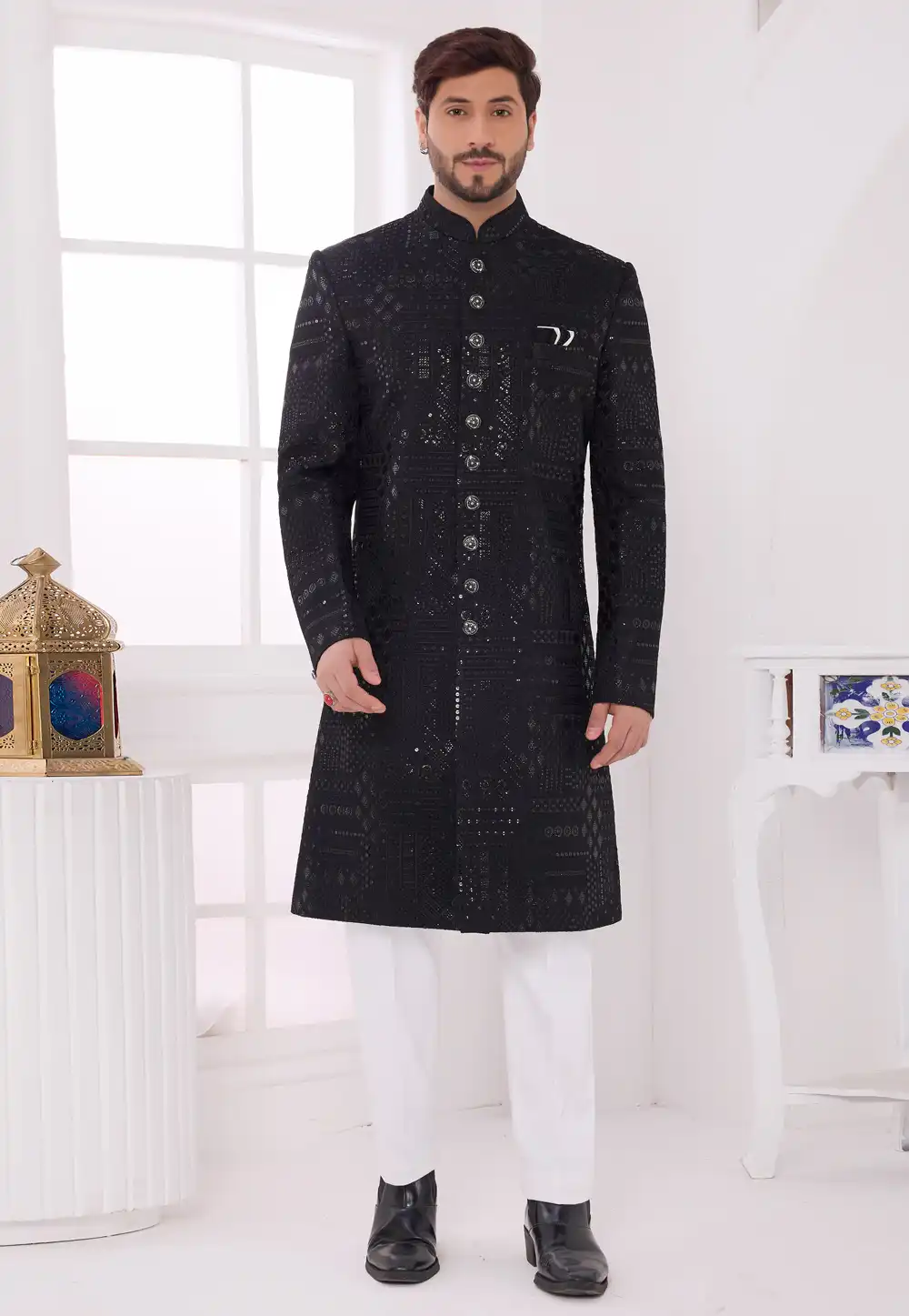 Black Art Silk Achkan Style Sherwani 327060