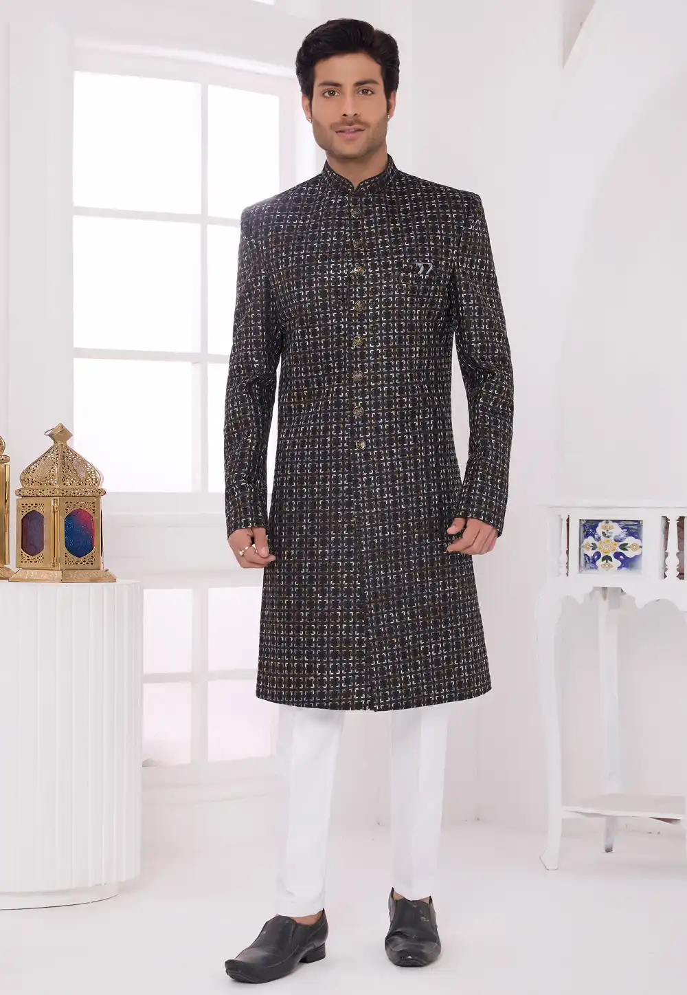 Black Art Silk Achkan Style Sherwani 327063