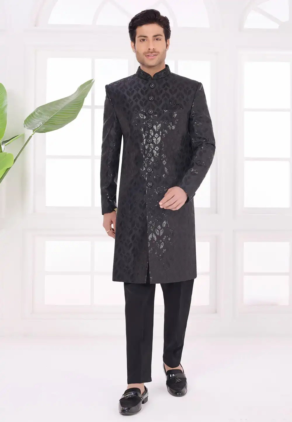 Black Art Silk Achkan Style Sherwani 327067
