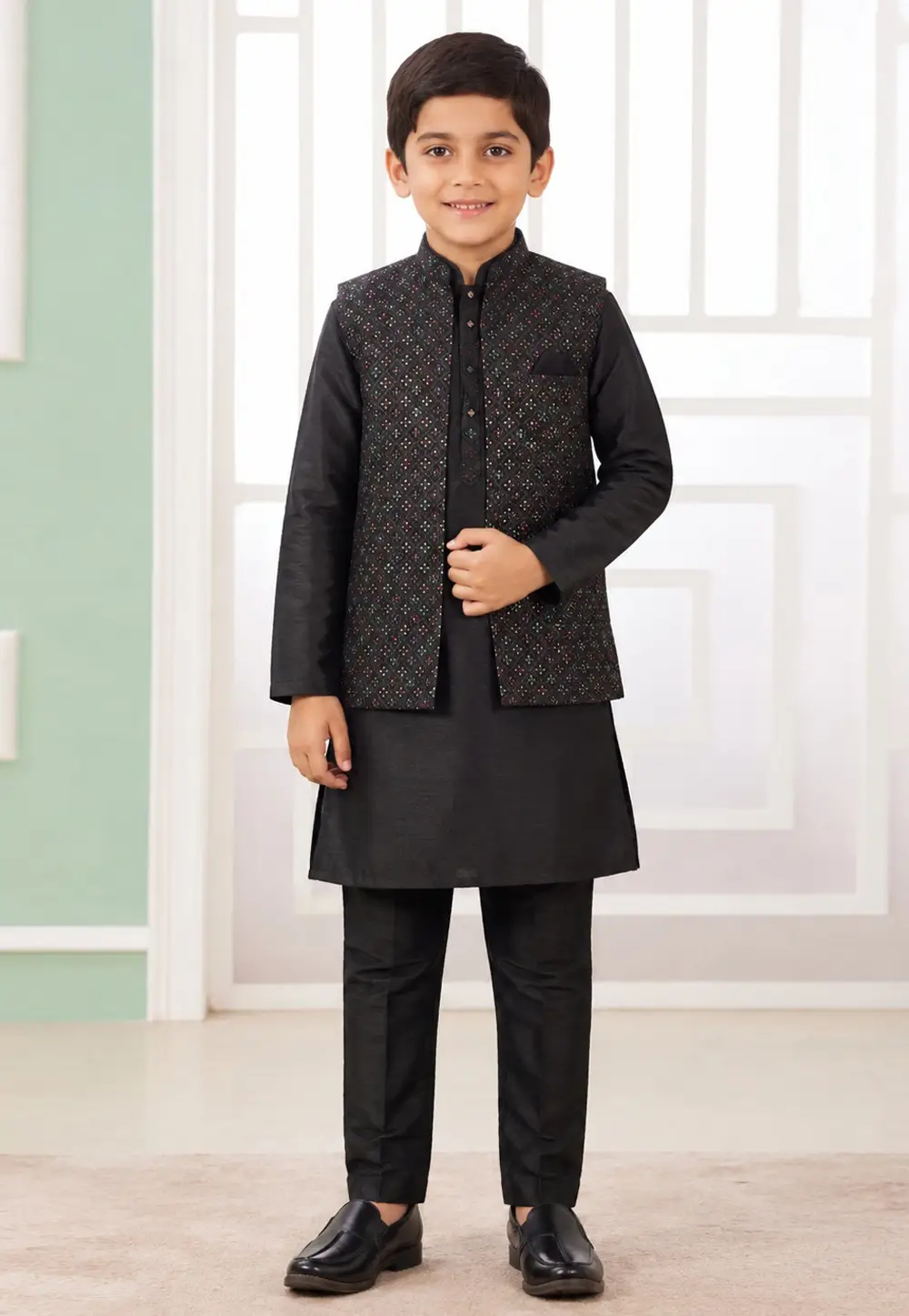 Black Art Silk Boys Kurta Pajama With Jacket 335772