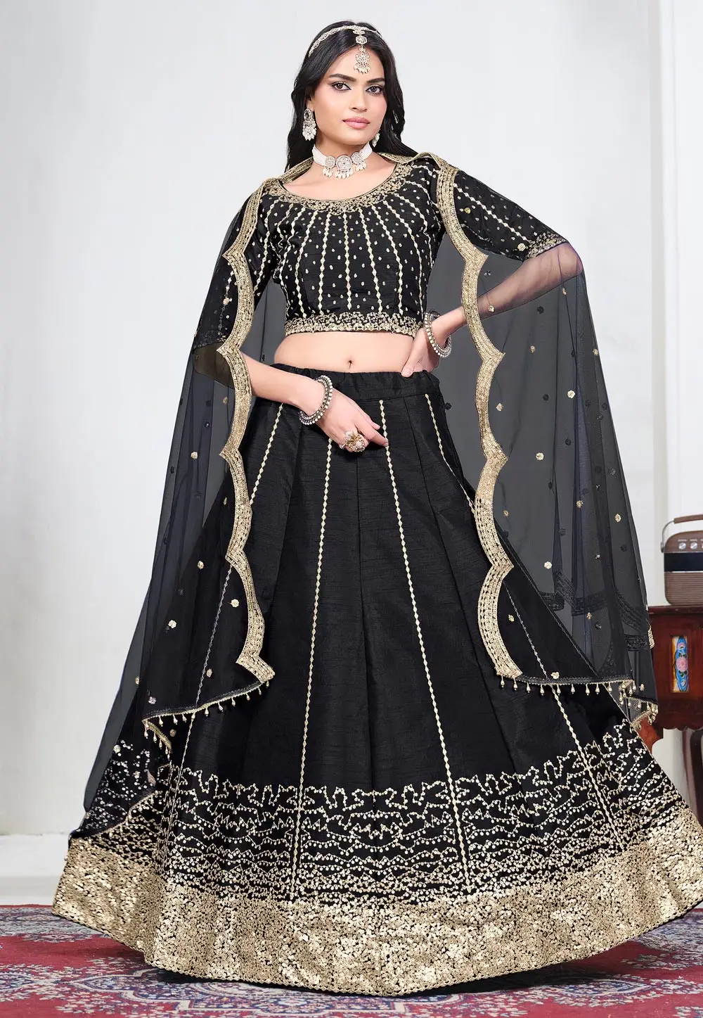 Black Art Silk Circular Lehenga Choli 333456