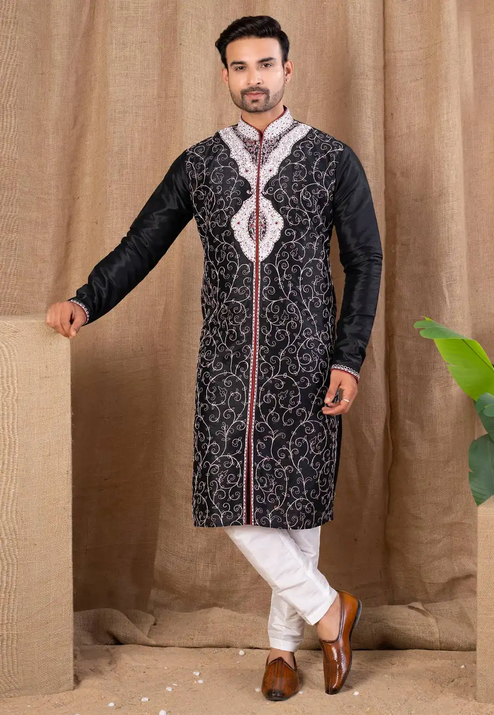 Black Art Silk Indo Western Suit 316477