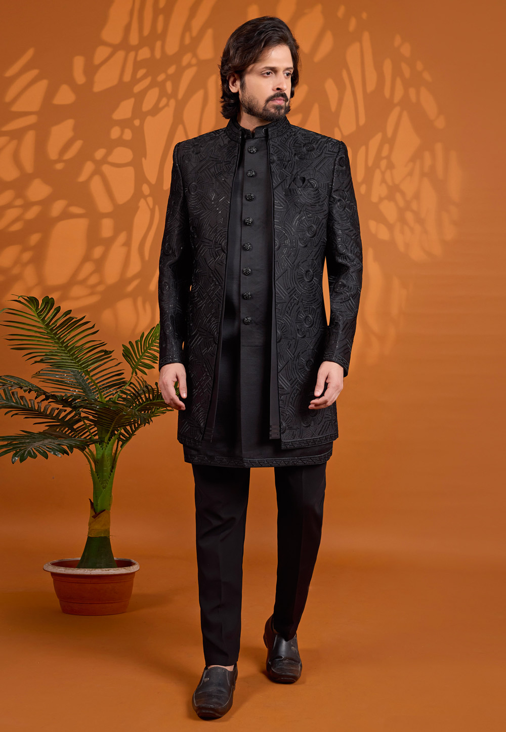 Black Art Silk Jacket Style Sherwani 330247