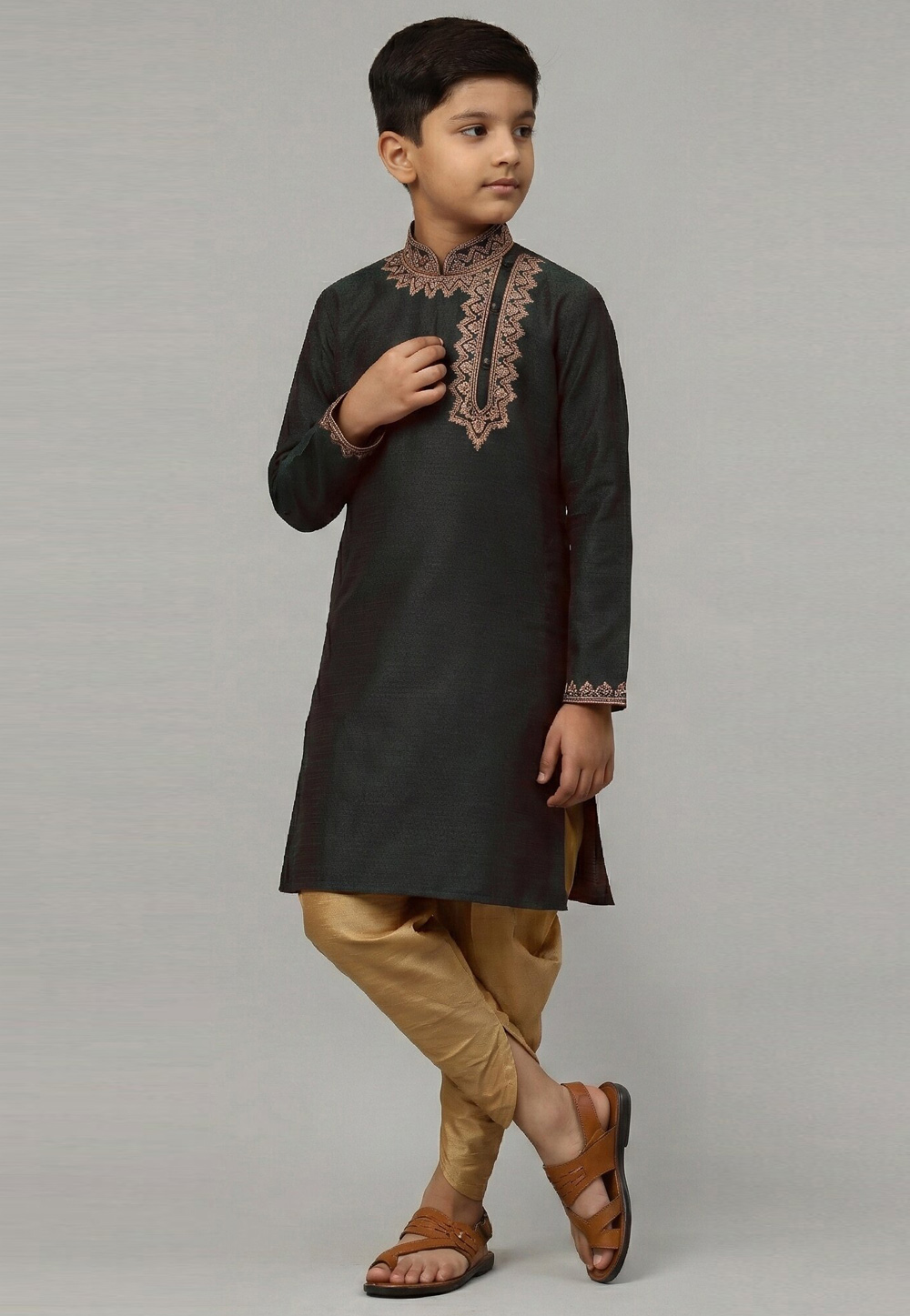 Black Art Silk Kids Dhoti Kurta 324573