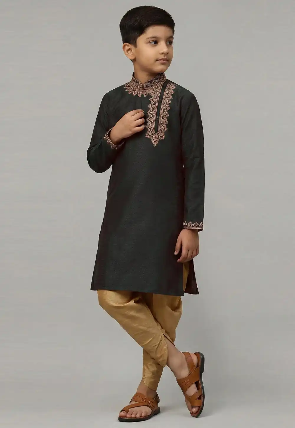 Black Art Silk Kids Dhoti Kurta 324573