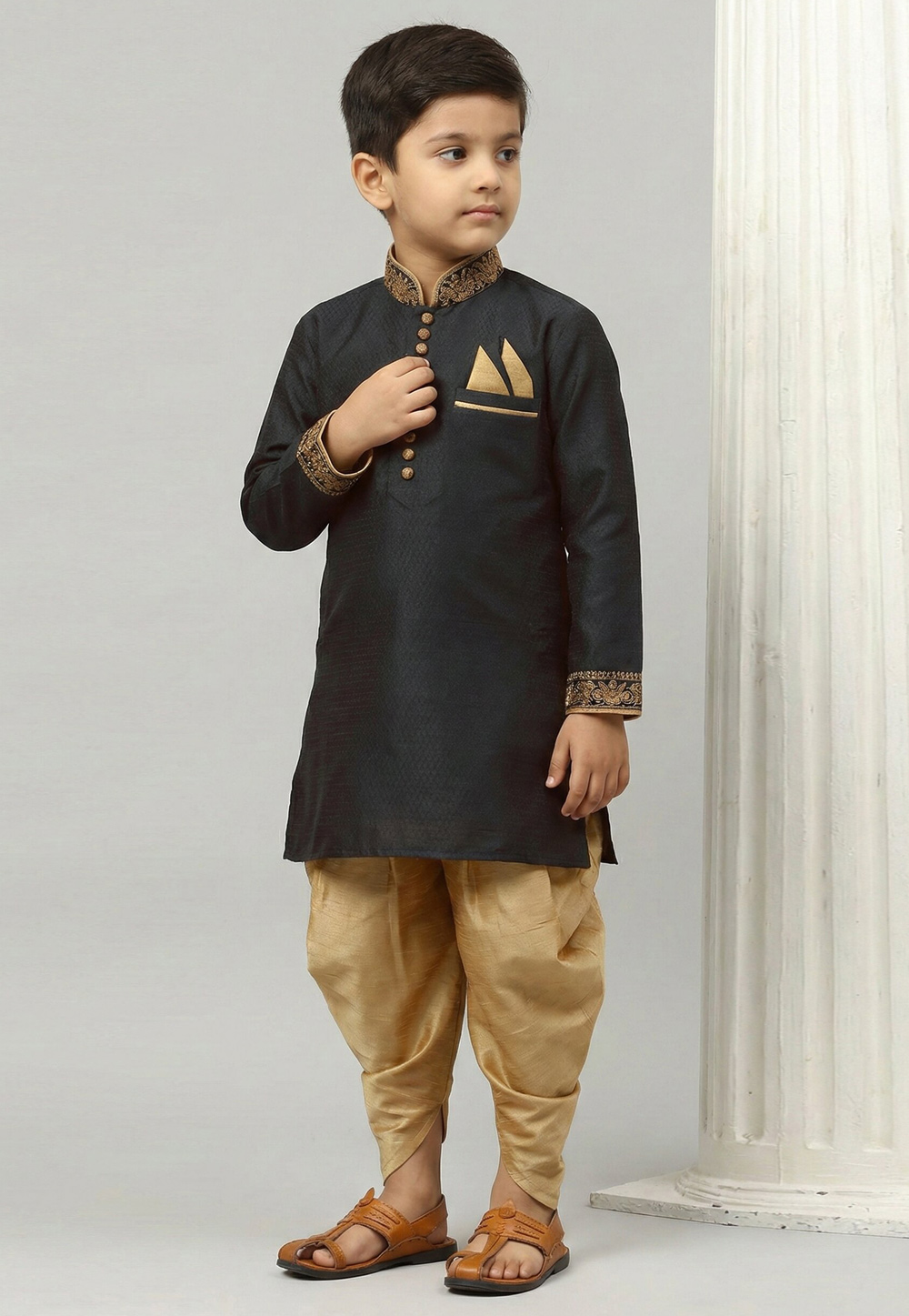Black Art Silk Kids Dhoti Kurta 324588