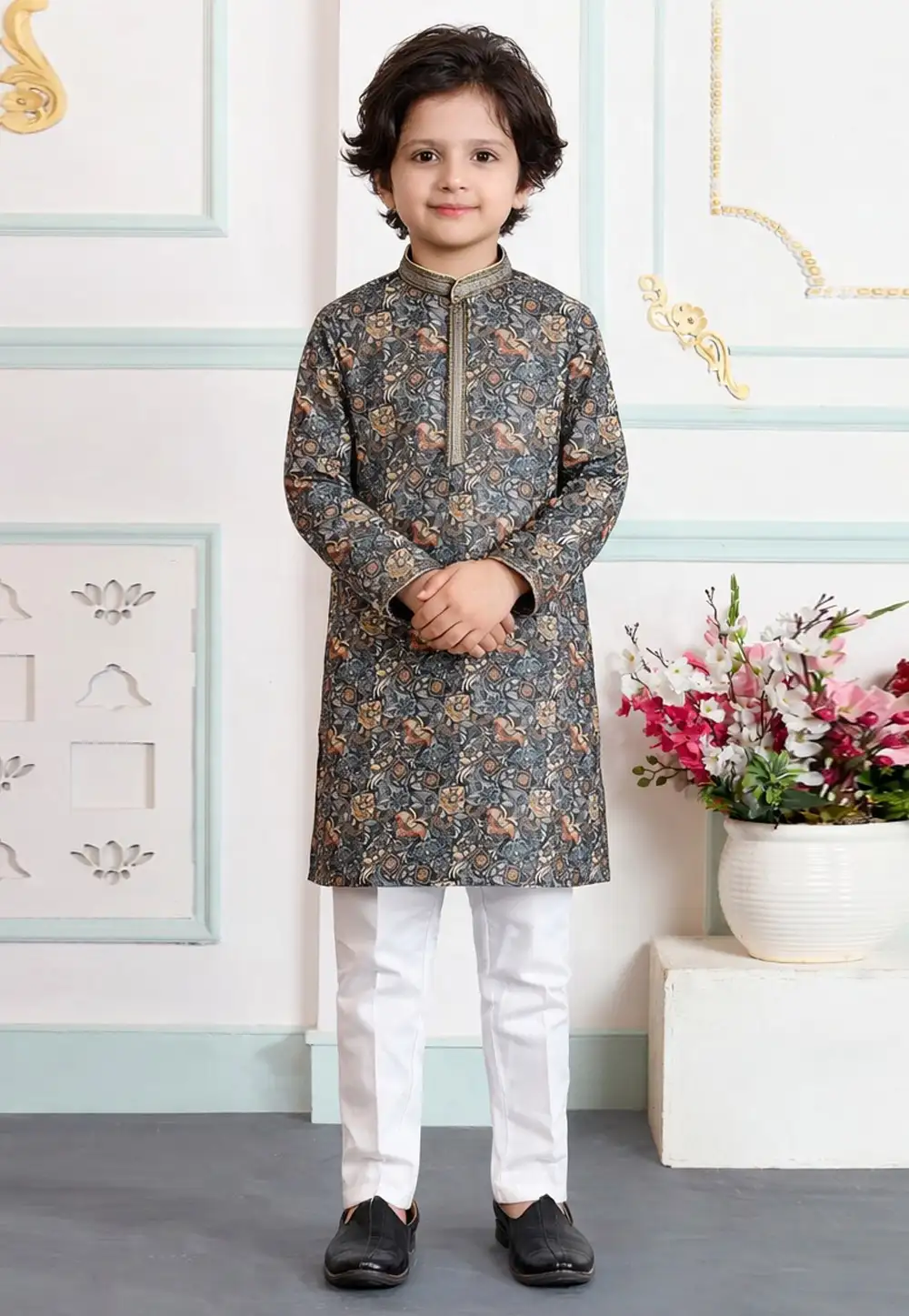 Black Art Silk Kids Kurta Pajama 330795