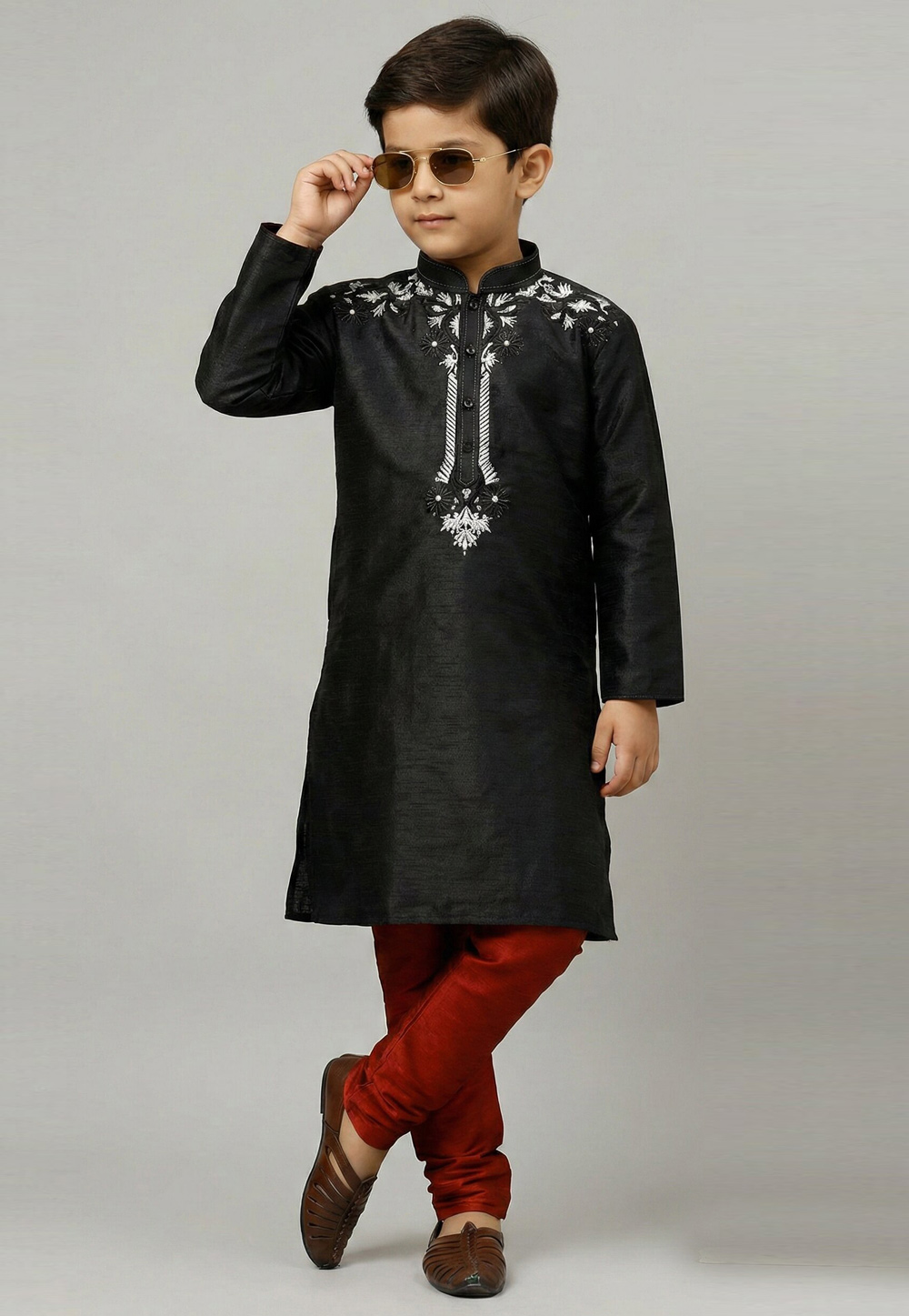 Black Art Silk Kids Kurta Pajama 324576