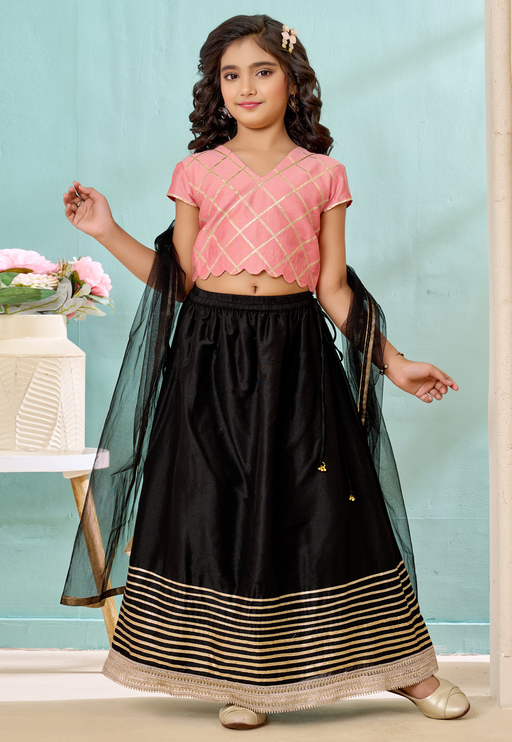 Black Art Silk Kids Lehenga Choli 325186