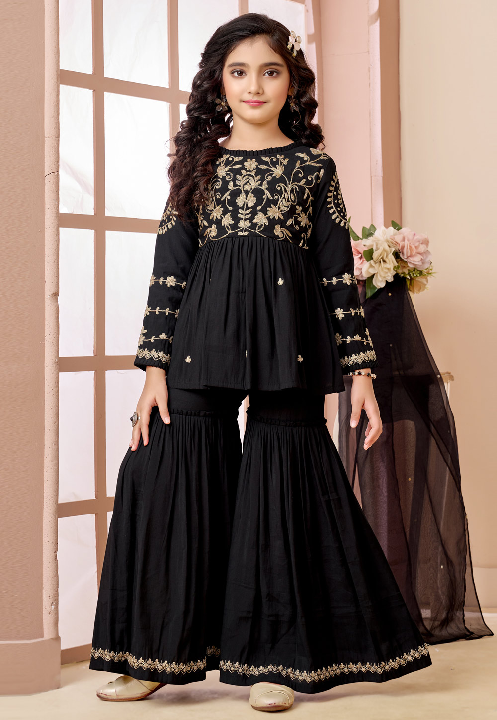 Black Art Silk Kids Sharara Suit 325187